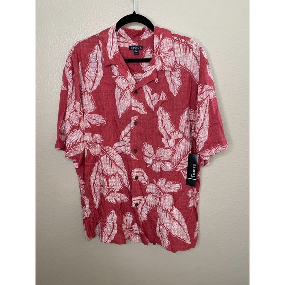 George Mens Red Floral Hawaiian Button-Up Shirt L/42-44 Lightweight Rayon Summer - Picture 2 of 7